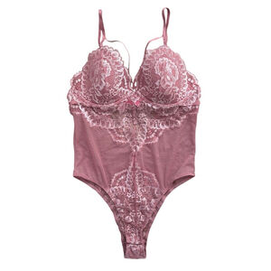 La Senza Lace Mesh Bodysuit Dusty Rose Pink V-Neck Criss Cross Size Medium